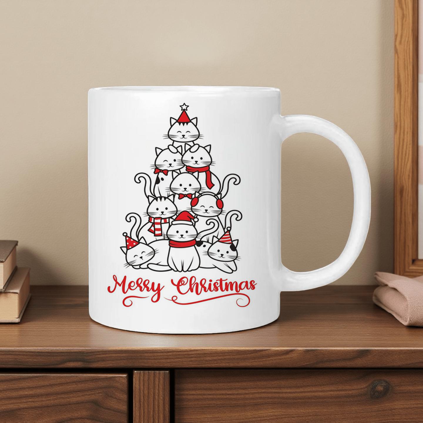 Tailorly White Ceramic 11 oz Mug - Merry Christmas Festive Group Of Cute Little Kittens Arranged As A Whimsical Tree Cats