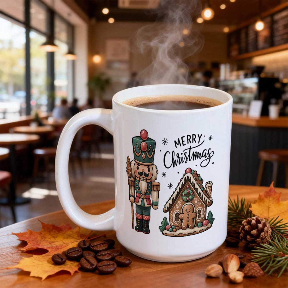 Tailorly White Ceramic 11 oz Mug - Merry Christmas Traditional Festive Scene Featuring Gingerbread House And Decorated Nutcracker