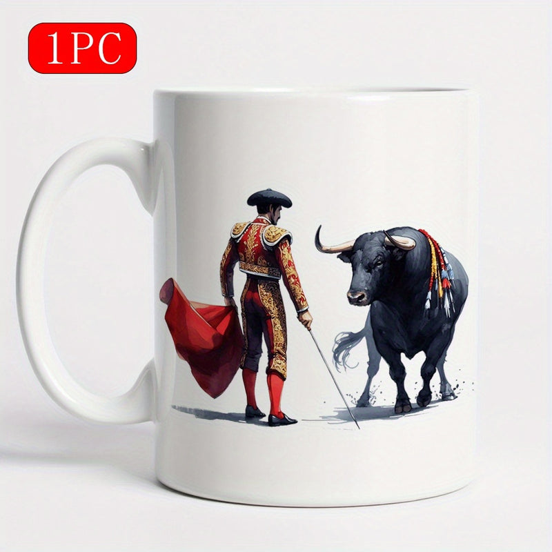 Tailorly White Ceramic 11 oz Mug - Traditional Spanish Matador Standing With Red Cape Facing A Powerful Black Bull