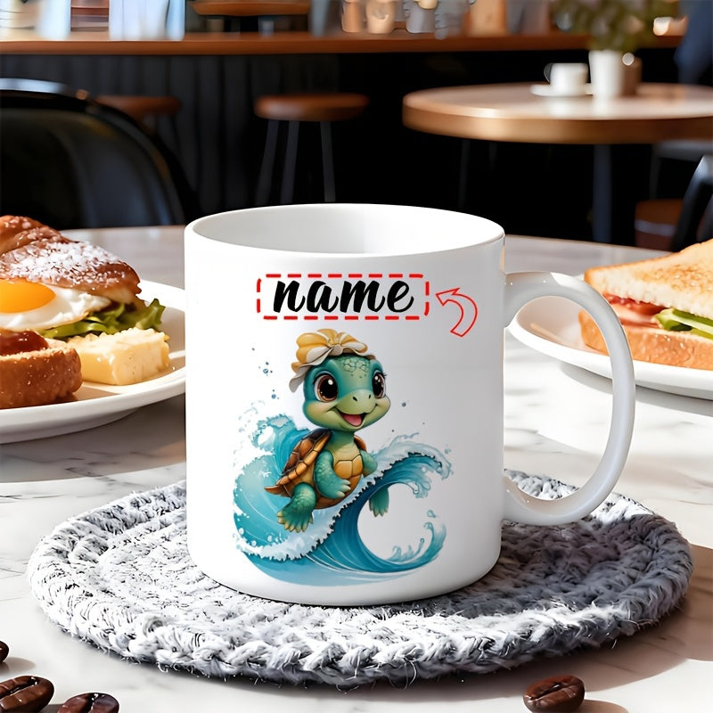 Tailorly White Ceramic 11 oz Mug - Name Adorably Surfing Through Blue Ocean Waves Under Bright Sunny Tropical Sky Turtle