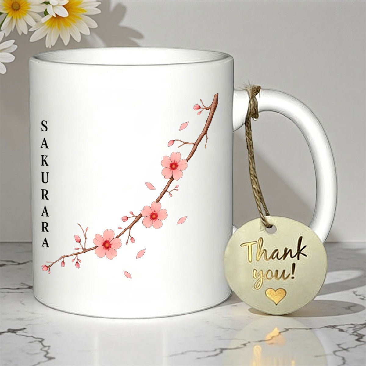 Tailorly White Ceramic 11 oz Mug - Sakurara Thank You Delicate Pink Petals Blooming On A Slender Brown Twig Cherry Blossom