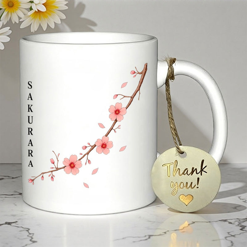 Tailorly White Ceramic 11 oz Mug - Sakurara Thank You Delicate Pink Petals Blooming On A Slender Brown Twig Cherry Blossom