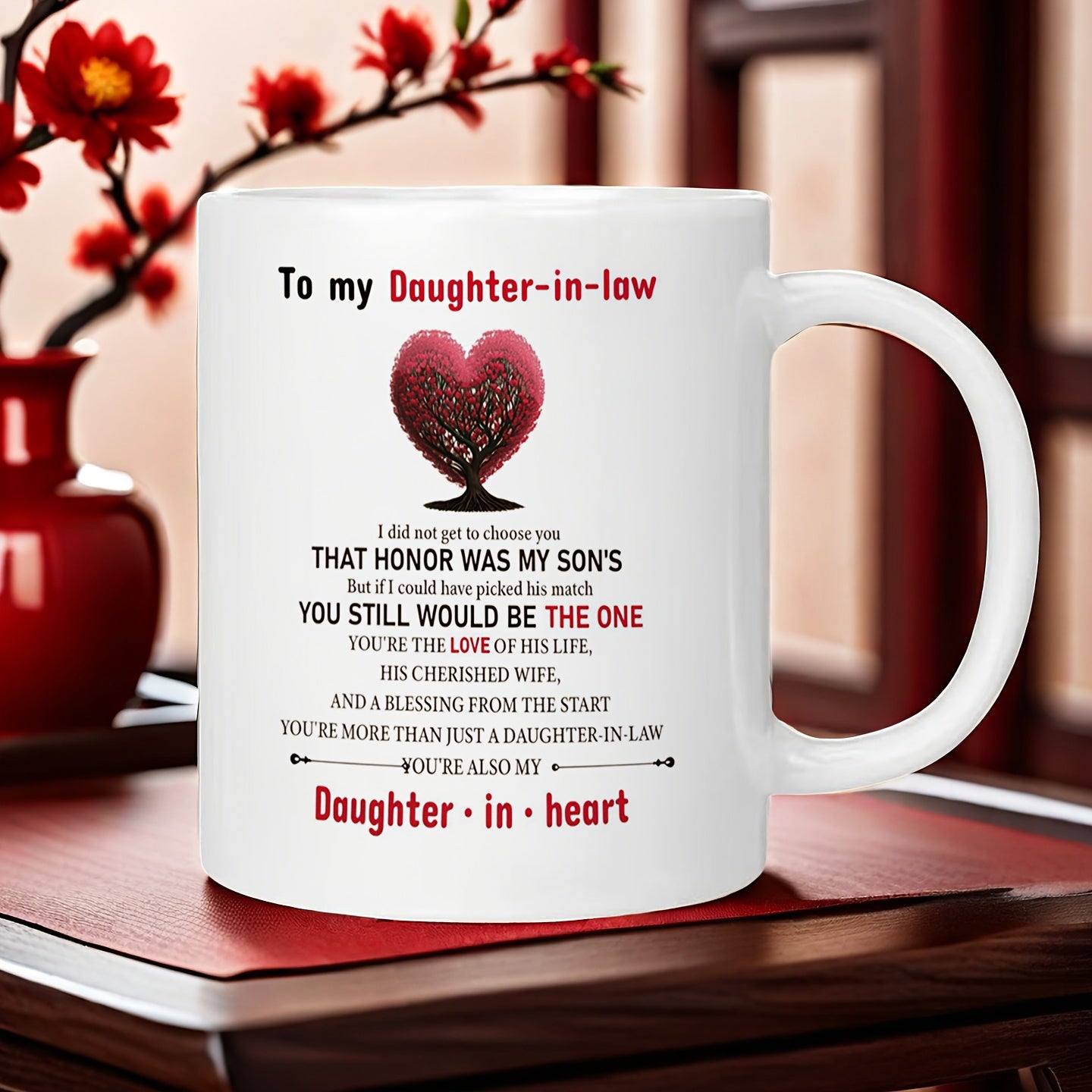 Tailorly White Ceramic 11 oz Mug - To My Daughter In Law Daughter In Heart Sentimental Red Heart Featuring Two Intertwined Hands Symbolizing Love Heart