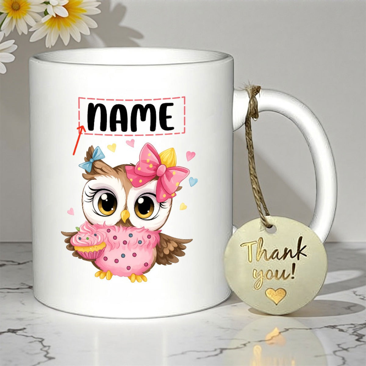 Tailorly White Ceramic 11 oz Mug - Thank You Adorable Pink Bird Holding Cupcake Decorated With Sweet Colorful Hearts Owl