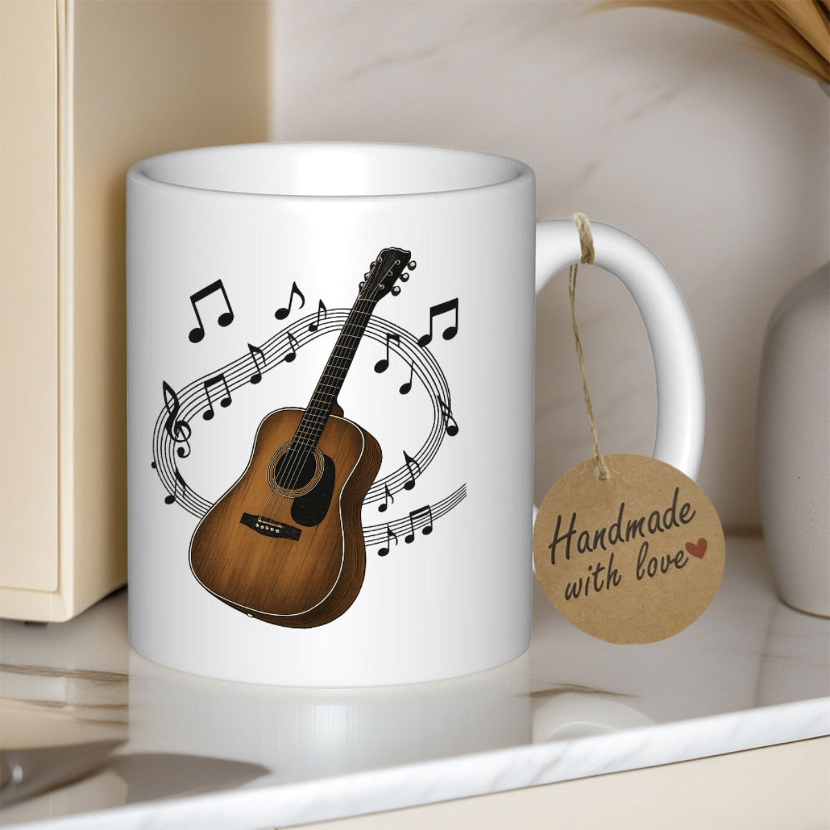 Tailorly White Ceramic 11 oz Mug - Classic Brown Wooden Body Surrounded By Dancing Black Musical Notes Acoustic Guitar