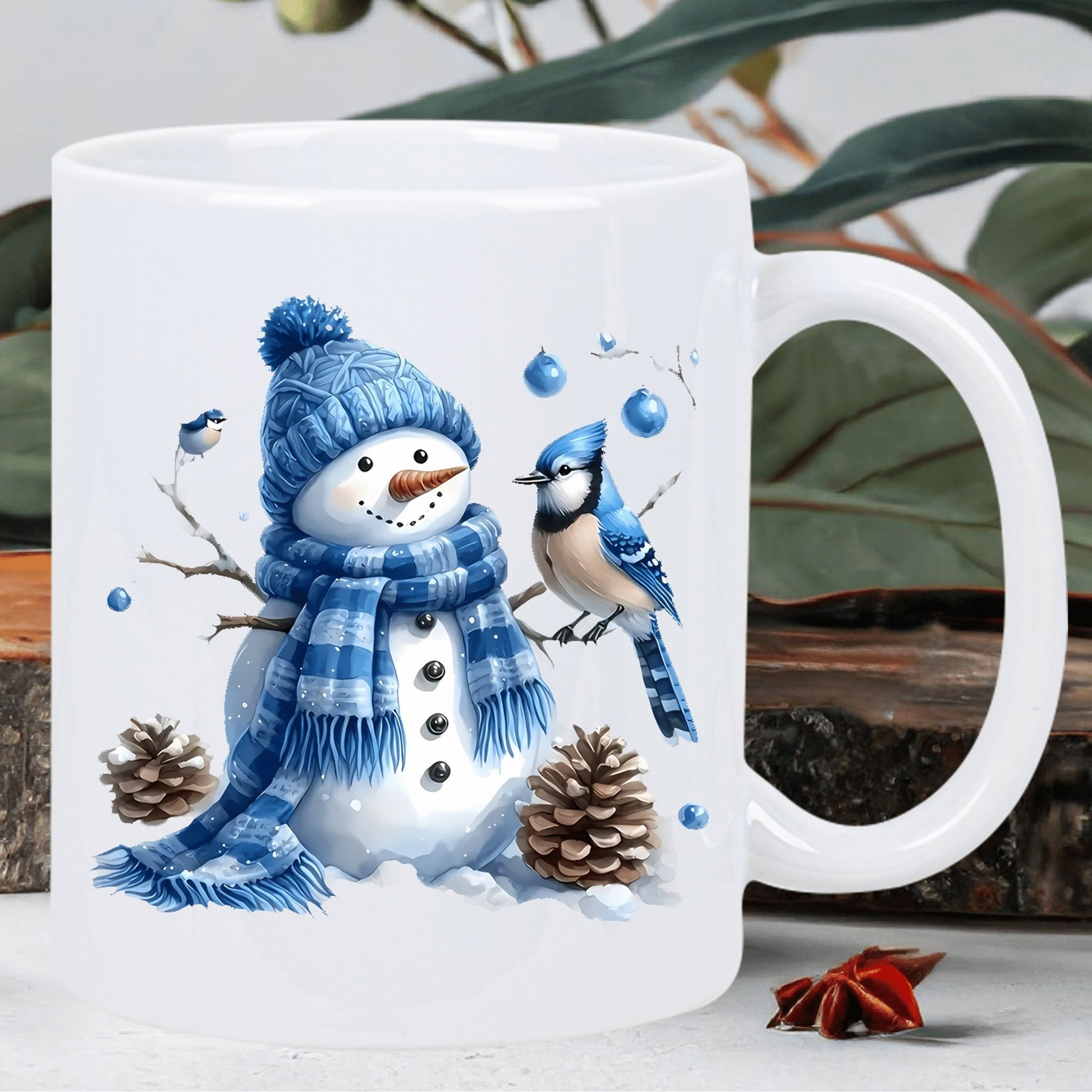 Tailorly White Ceramic 11 oz Mug - Winter Scene With Blue Jay Perched Beside Smiling Scarf Wearing Snowman