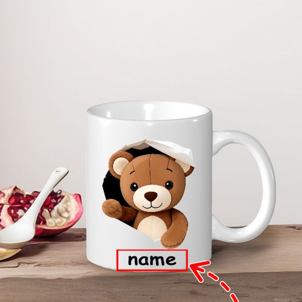Tailorly White Ceramic 11 oz Mug - Name Adorable Brown Teddy Bear Peeking Through A Ripped White Paper Hole Bear