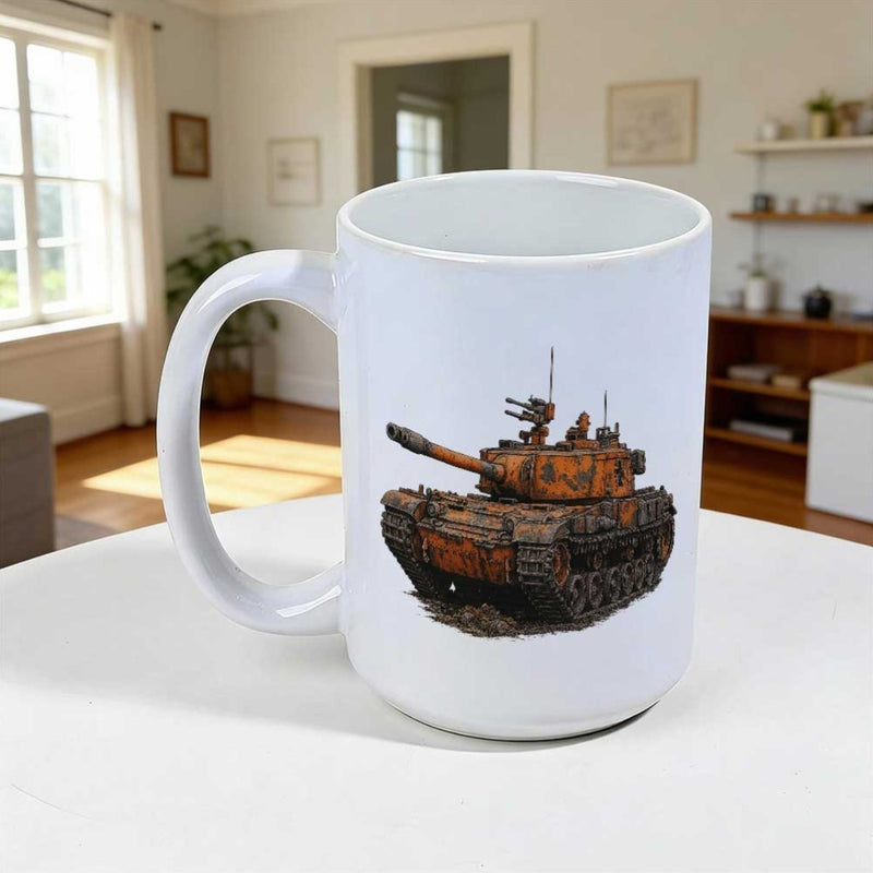 Tailorly White Ceramic 11 oz Mug - Rugged Camouflaged Heavy Military Armored Vehicle Moving Through Desert Dust Tank