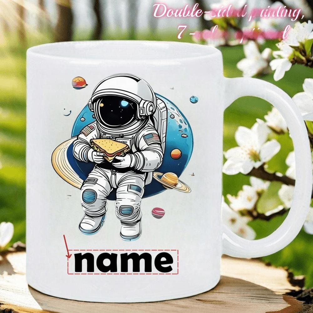 Tailorly White Ceramic 11 oz Mug - Name Cartoon Astronaut Floating In Space Holding Sandwich With Planets Astronaut