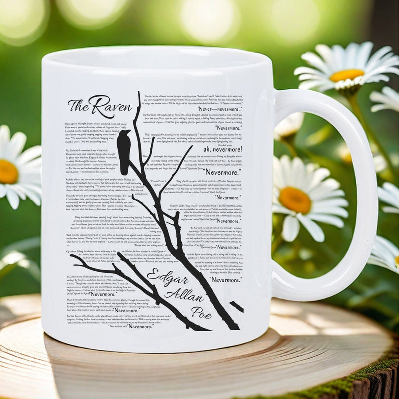 Tailorly White Ceramic 11 oz Mug - The Raven Edgar Allan Poe Nevermore Black Silhouette Of A Bird Perched On Bare Winter Branches Raven