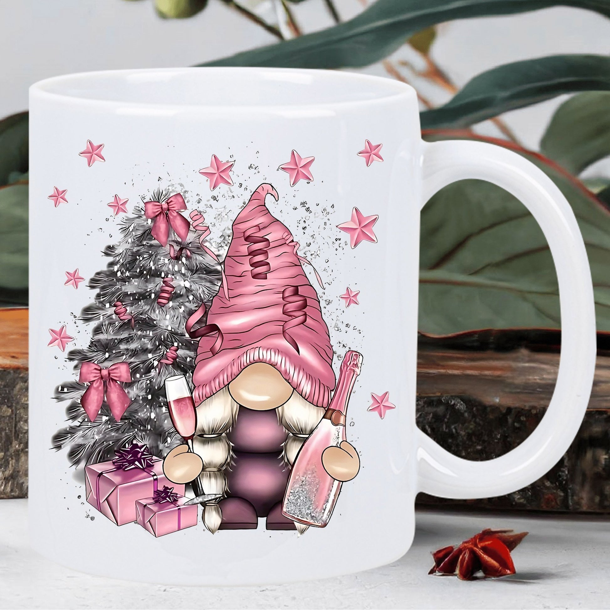 Tailorly White Ceramic 11 oz Mug - Festive Christmas Scene With Pink Champagne Among Stars Near Decorated Tree Gnome