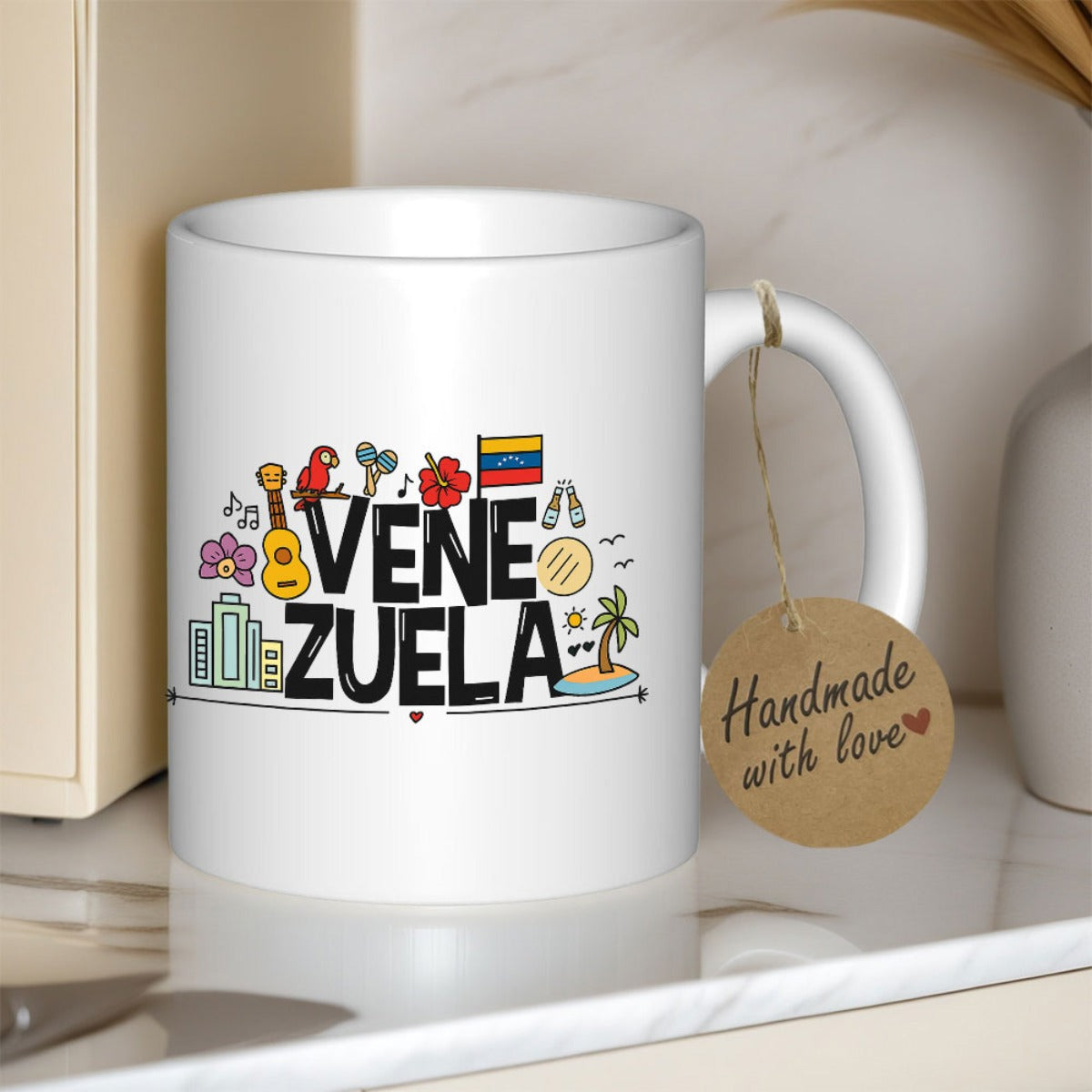 Tailorly White Ceramic 11 oz Mug - Venezuela Colorful Symbols Of Cultural Heritage Featuring National Flag And Tropical Icons Mug