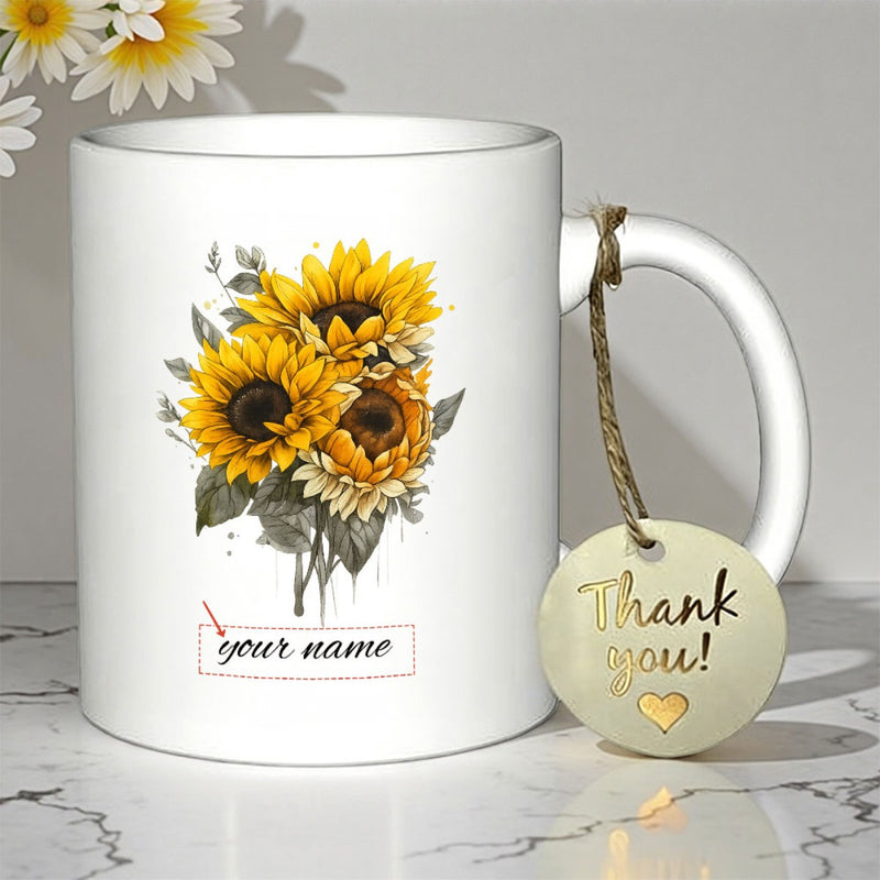 Tailorly White Ceramic 11 oz Mug - Your Name Vibrant Yellow Blooming Petals Among Lush Green Leaves In Watercolor Style Sunflower