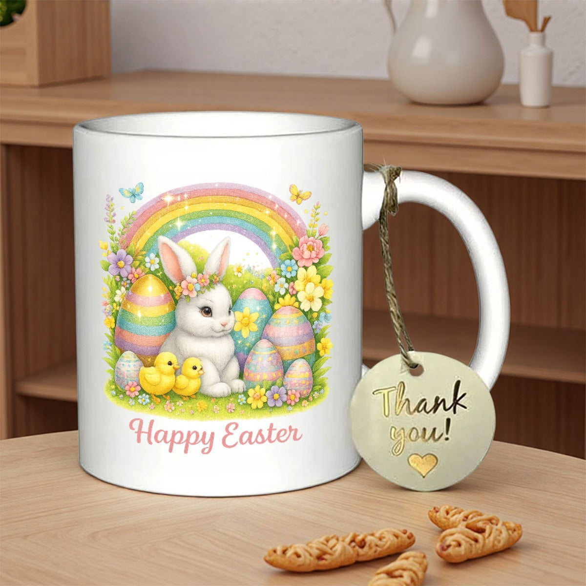 Tailorly White Ceramic 11 oz Mug - Happy Easter Adorable White Rabbit Surrounded By Colorful Easter Eggs Under Vibrant Rainbow Rabbit