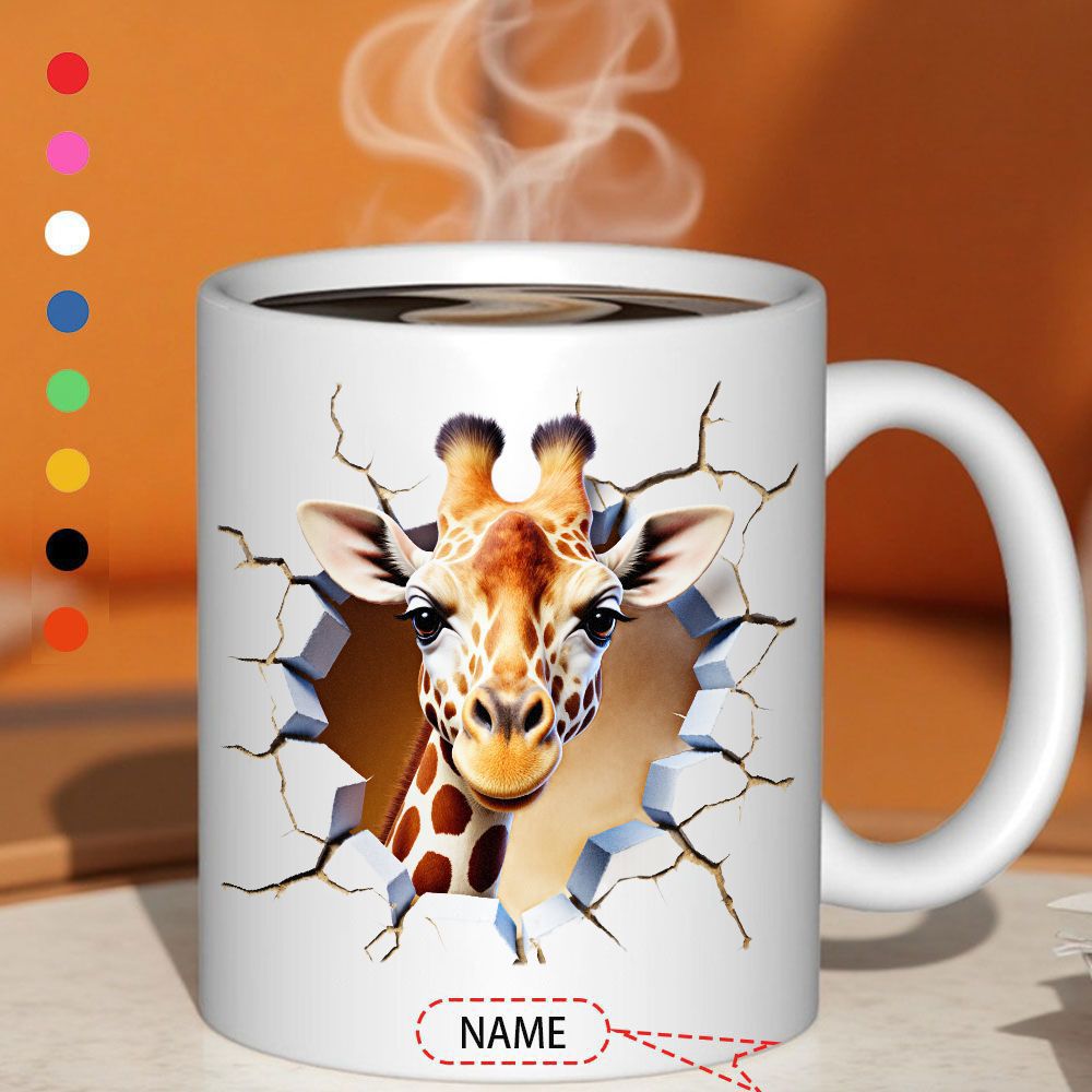 Tailorly White Ceramic 11 oz Mug - Name Charming Realistic Giraffe Emerging Through A Broken White Brick Wall Giraffe