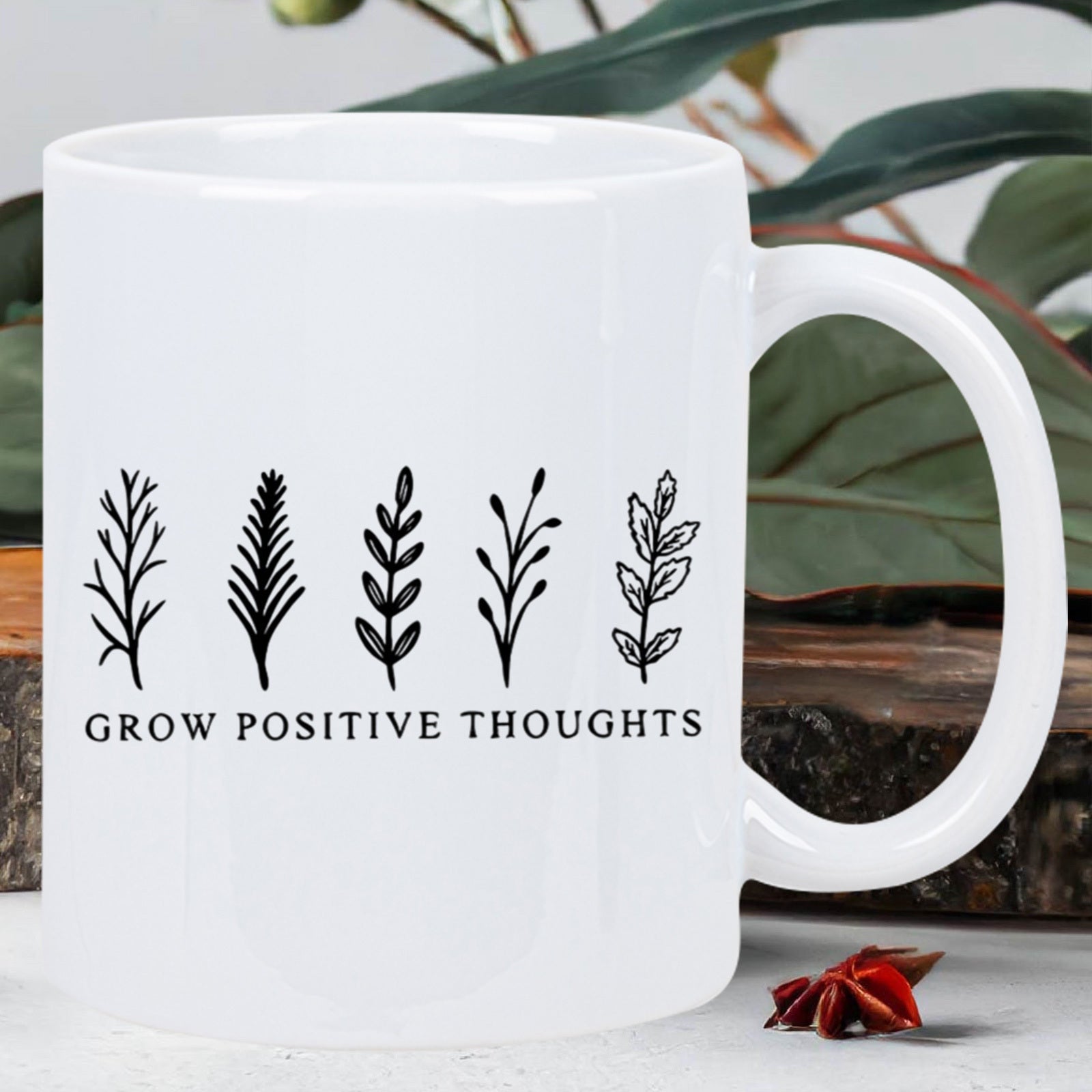 Tailorly White Ceramic 11 oz Mug - Grow Positive Thoughts Five Minimalist Hand Drawn Black Leafy Botanical Branches Foliage