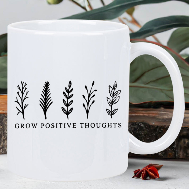 Tailorly White Ceramic 11 oz Mug - Grow Positive Thoughts Five Minimalist Hand Drawn Black Leafy Botanical Branches Foliage