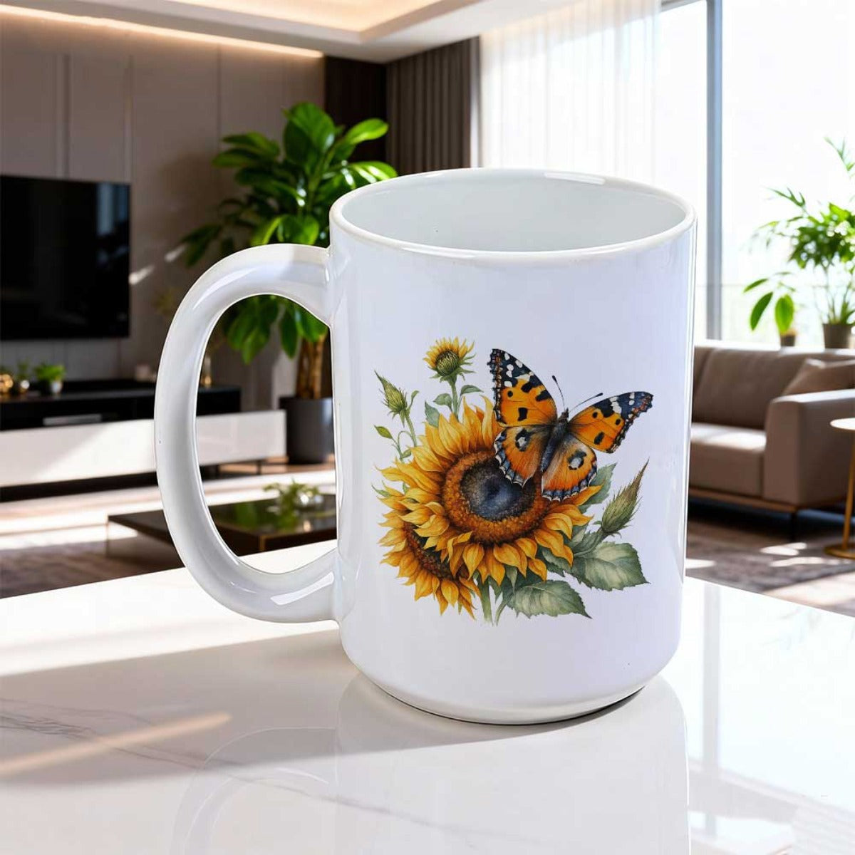 Tailorly White Ceramic 11 oz Mug - Vibrant Orange Butterfly Resting On A Golden Blooming Sunflower Butterfly