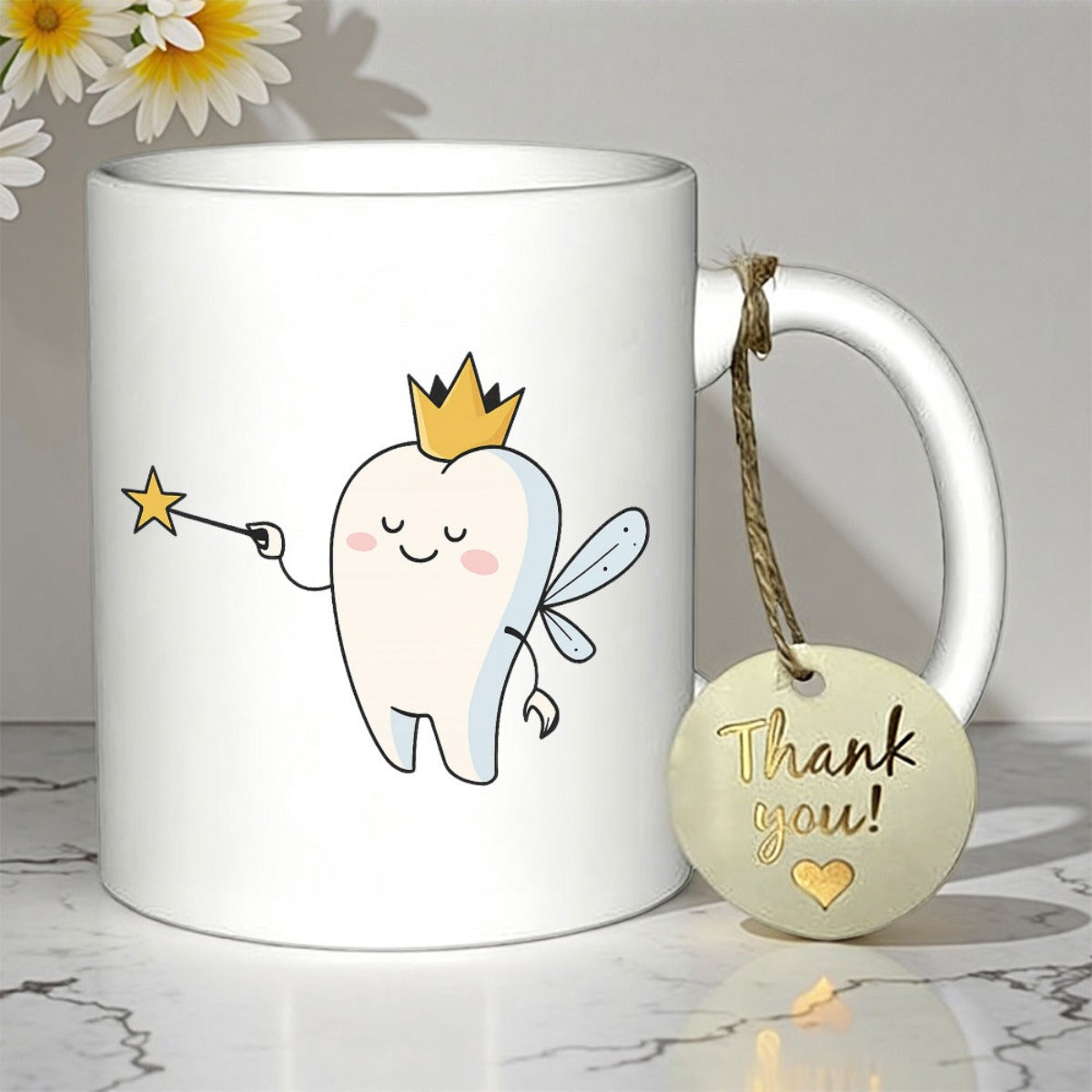 Tailorly White Ceramic 11 oz Mug - Thank You Cute Smiling Cartoon Character With Wings Wearing A Golden Star Crown Tooth