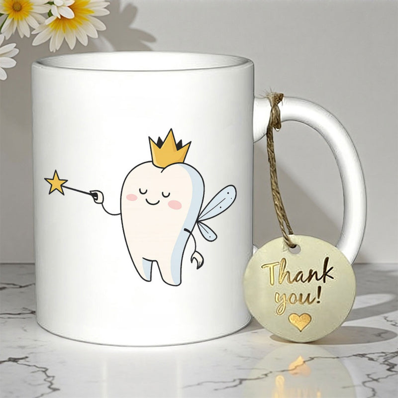 Tailorly White Ceramic 11 oz Mug - Thank You Cute Smiling Cartoon Character With Wings Wearing A Golden Star Crown Tooth