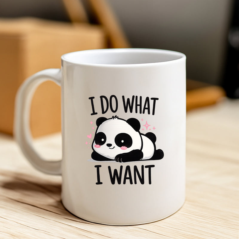 Tailorly White Ceramic 11 oz Mug - I Do What I Want Cute Chubby Cartoon Panda Resting Calmly With Pink Sparkles Panda