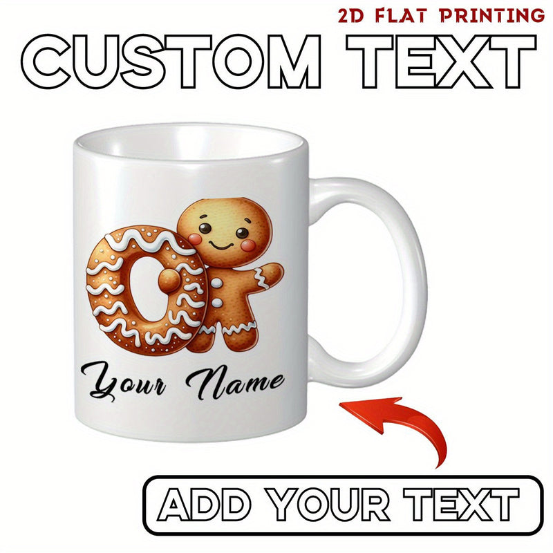 Tailorly White Ceramic 11 oz Mug - Your Name Smiling Festive Character Standing Next To Large Frosted Cookie Gingerbread Man