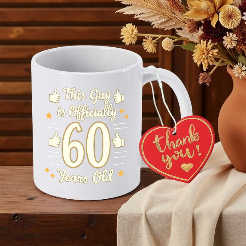 Tailorly White Ceramic 11 oz Mug - This Guy Is Officially 60 Years Old Hand Drawn Thumbs Up Symbols With Decorative Sparkles And Bold Numbers Mug