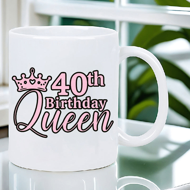 Tailorly White Ceramic 11 oz Mug - 40th Birthday Queen Elegant Pink Decorative Pattern Featuring Artistic Script And Stylized Crown
