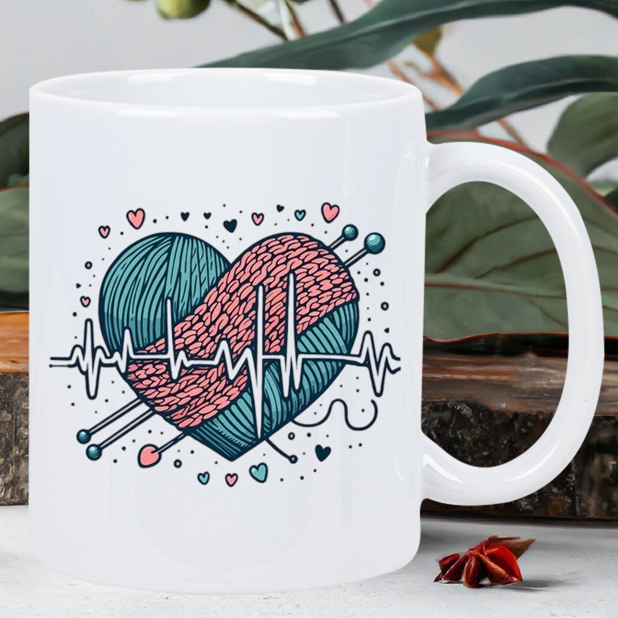 Tailorly White Ceramic 11 oz Mug - Knitted Heart Shaped Yarn Ball With Needles And Life Pulse Heart