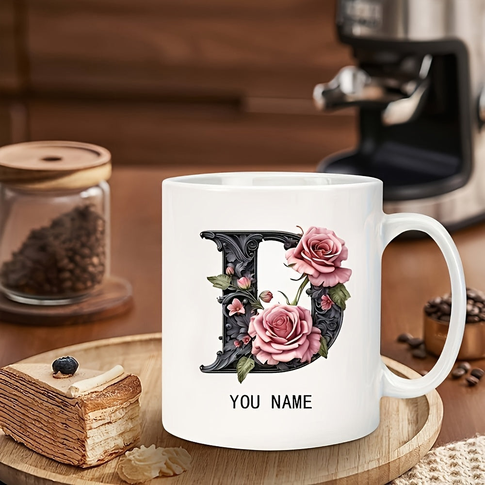 Tailorly White Ceramic 11 oz Mug - You Name Ornate Black Style Decorated With Blooming Pink Garden Roses Letter