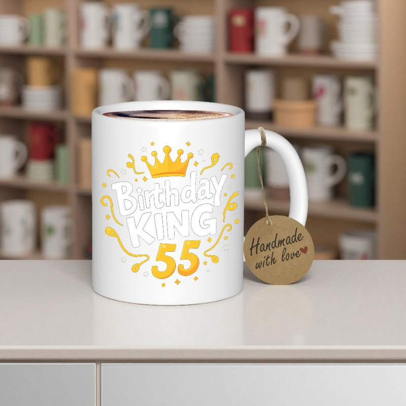 Tailorly White Ceramic 11 oz Mug - Birthday King Golden Crown With Vibrant Yellow Splashes On Pristine