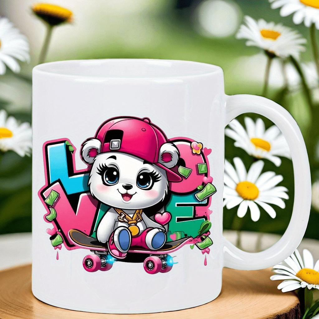 Tailorly White Ceramic 11 oz Mug - Love Adorable Cartoon Animal Wearing Pink Hat Sitting On Vibrant Skateboard Bear