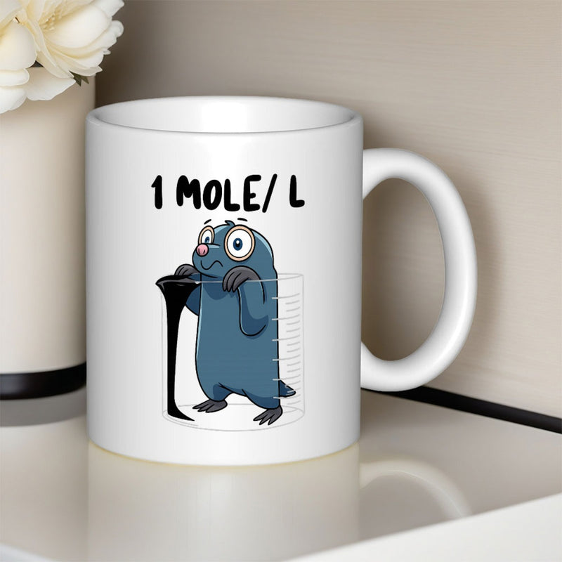 Tailorly White Ceramic 11 oz Mug - 1 Mole L Funny Cartoon Character Standing Inside A Glass Measuring Cylinder Mole