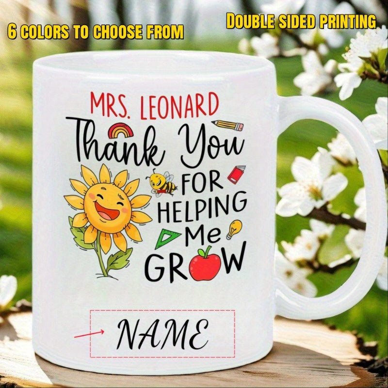 Tailorly White Ceramic 11 oz Mug - Mrs Leonard Thank You For Helping Me Grow Name Cheerful Smiling Sunflower Surrounded By Cute Educational Icons And Little Bee