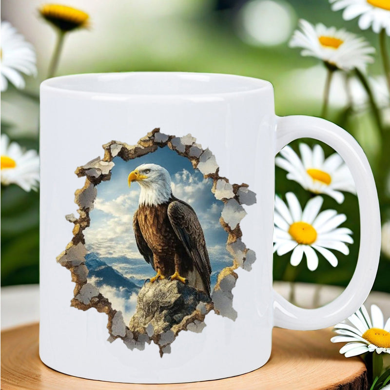 Tailorly White Ceramic 11 oz Mug - Majestic Bald Eagle Perched On Rocks Amidst Cracked White Stone Wall Eagle