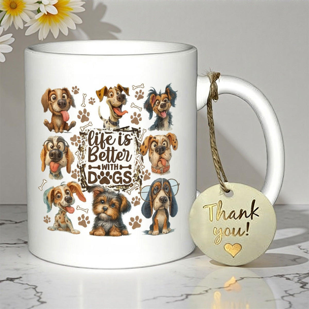 Tailorly White Ceramic 11 oz Mug - Life Is Better With Dogs Hand Drawn Multiple Cute Cartoon Dog Breeds With Brown Paw Prints Mug