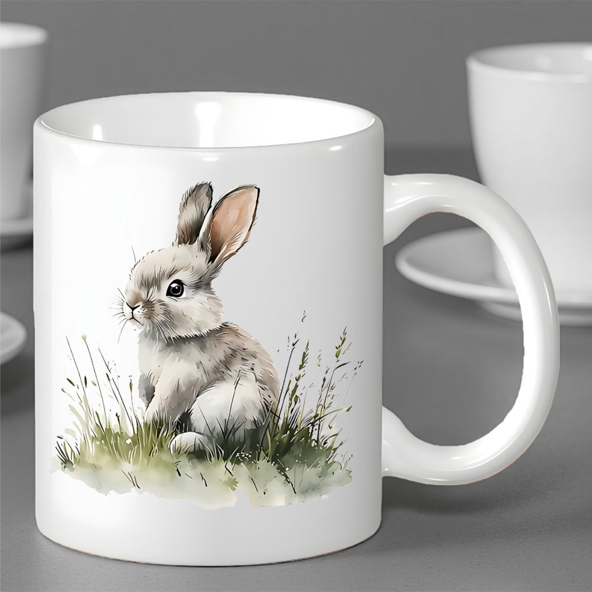 Tailorly White Ceramic 11 oz Mug - Soft Watercolor Fluffy Bunny Sitting Peacefully Among Green Meadow Grass Rabbit