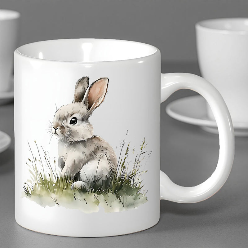 Tailorly White Ceramic 11 oz Mug - Soft Watercolor Fluffy Bunny Sitting Peacefully Among Green Meadow Grass Rabbit