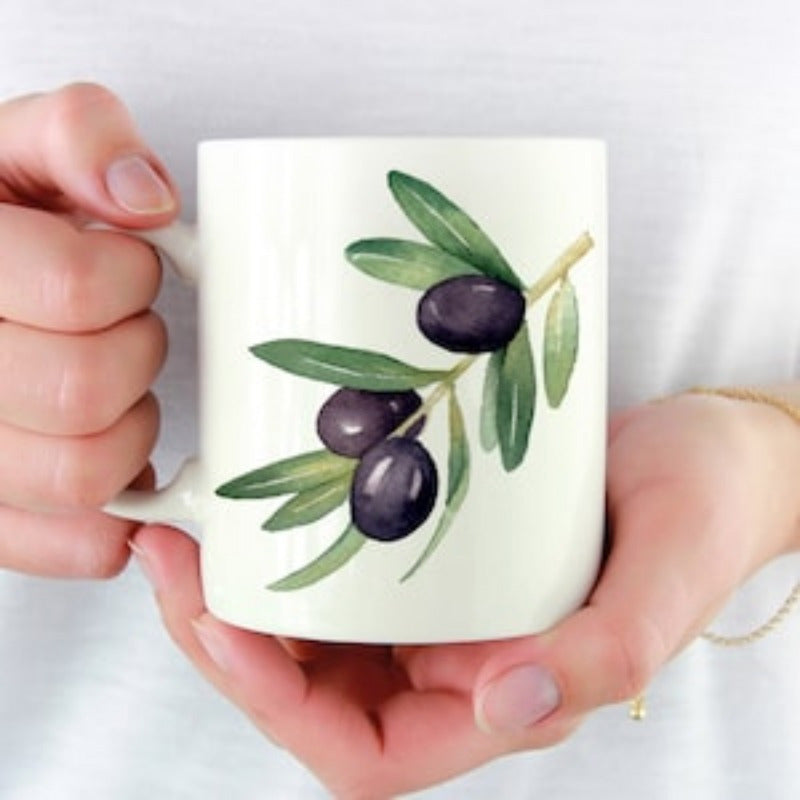 Tailorly White Ceramic 11 oz Mug - Watercolor Painted Green Leaves On Delicate Branch With Ripe Black Olive