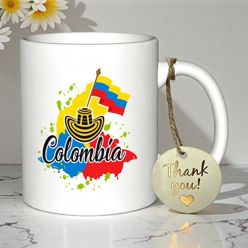 Tailorly White Ceramic 11 oz Mug - Colombia Thank You Traditional Hat And National Flag Amidst Vibrant Colorful Paint Splashes Mug