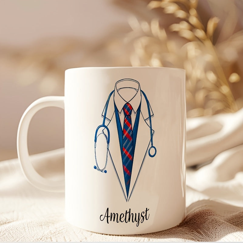 Tailorly White Ceramic 11 oz Mug - Amethyst Professional Lab Coat With Striped Tie And A Medical Blue Stethoscope Doctor