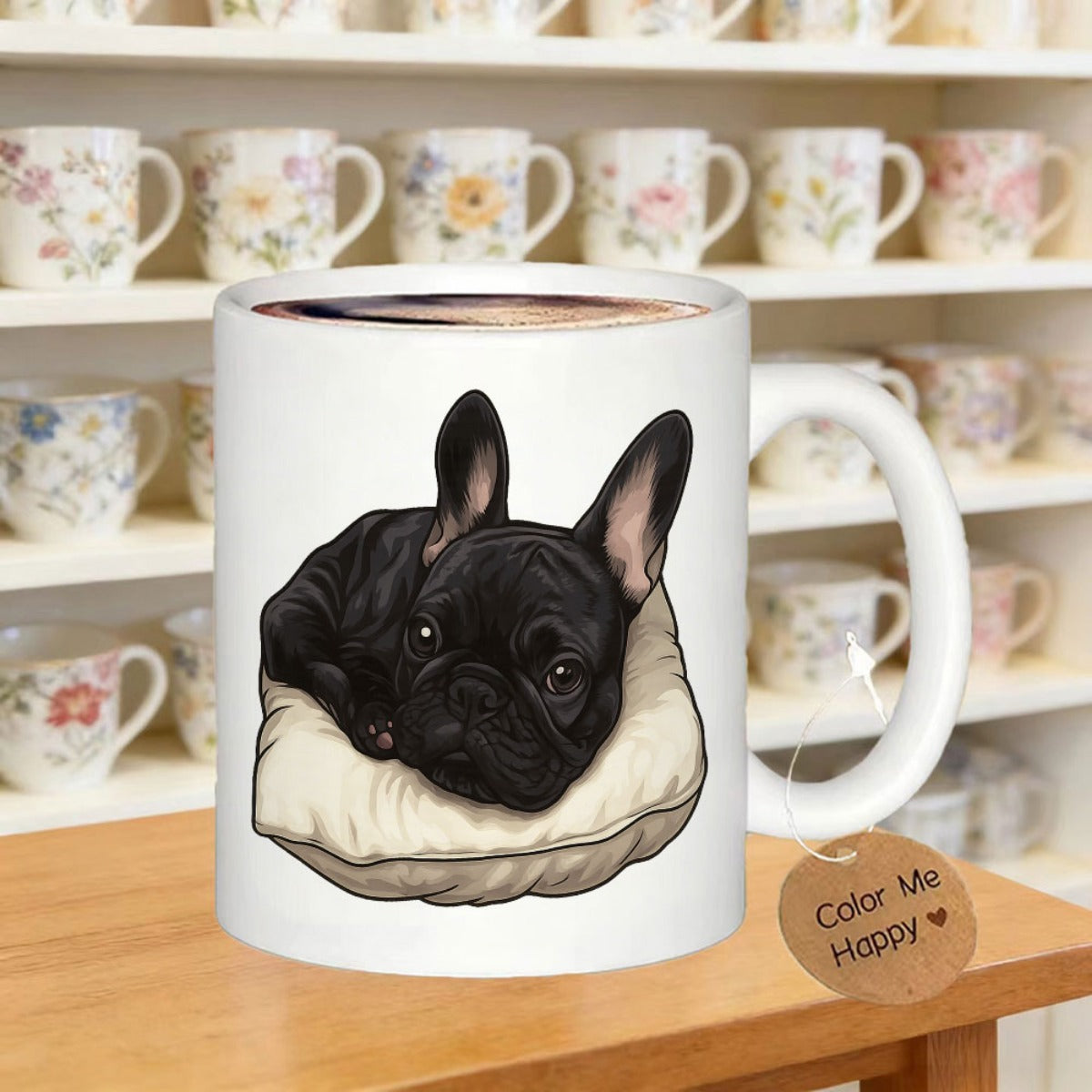 Tailorly White Ceramic 11 oz Mug - Color Me Happy Adorable Black French Bulldog Resting Peacefully On A Soft Cream Cushion Frenchie