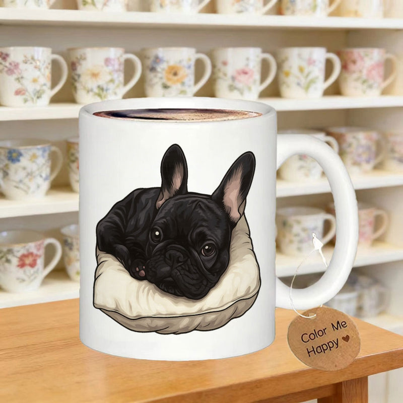 Tailorly White Ceramic 11 oz Mug - Color Me Happy Adorable Black French Bulldog Resting Peacefully On A Soft Cream Cushion Frenchie