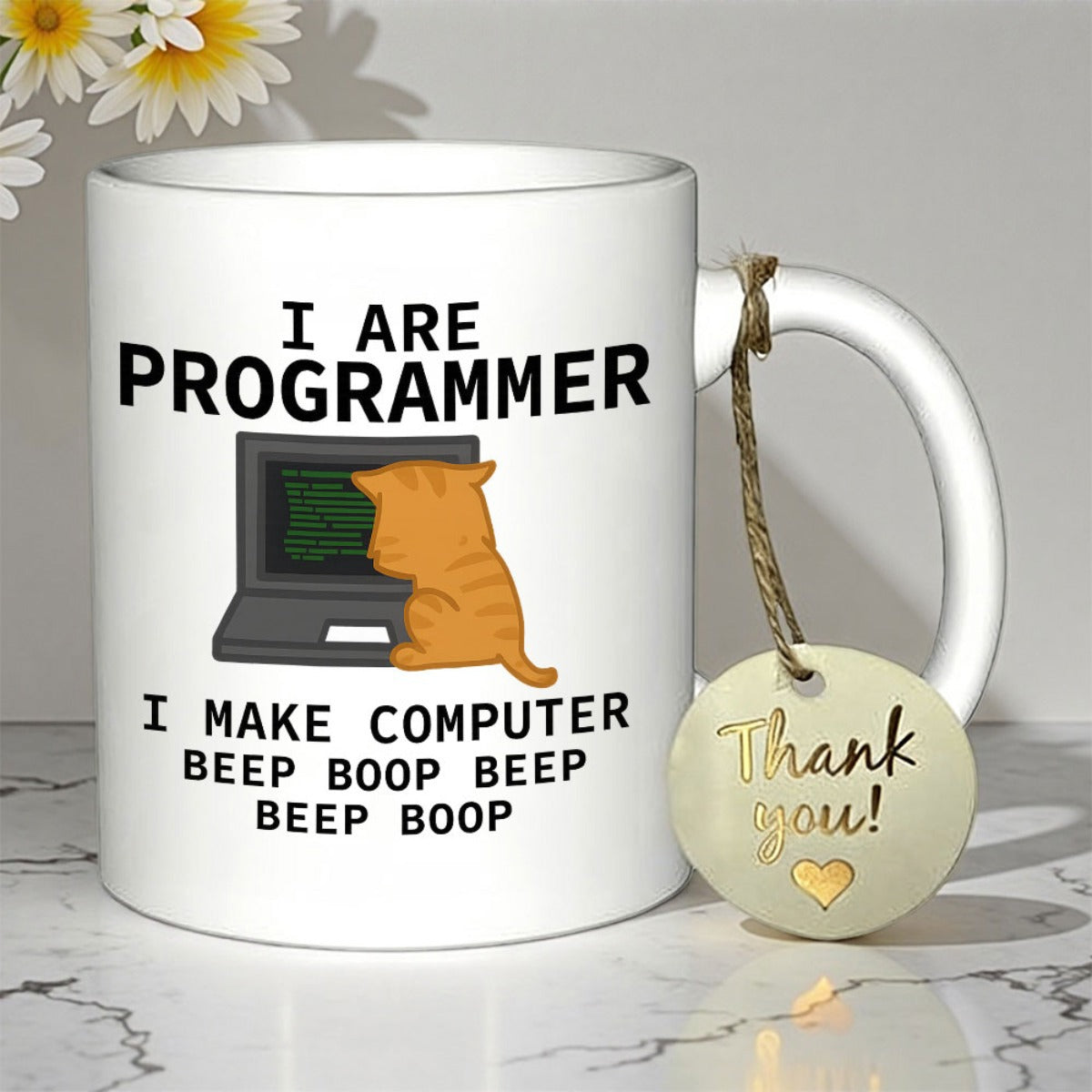 Tailorly White Ceramic 11 oz Mug - I Are Programmer I Make Computer Beep Boop Beep Beep Boop Cute Ginger Cat Sitting In Front Of Laptop Cat