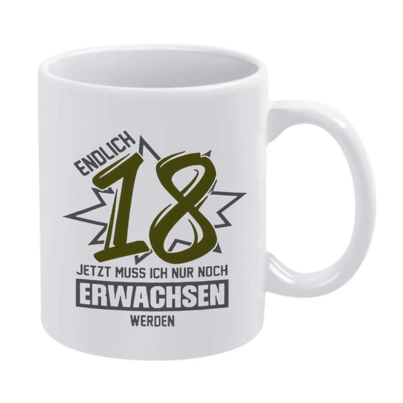 Tailorly White Ceramic 11 oz Mug - Stylized Olive Green Number Eighteen Inside Sharp Jagged Geometric Starburst Frame Eighteen