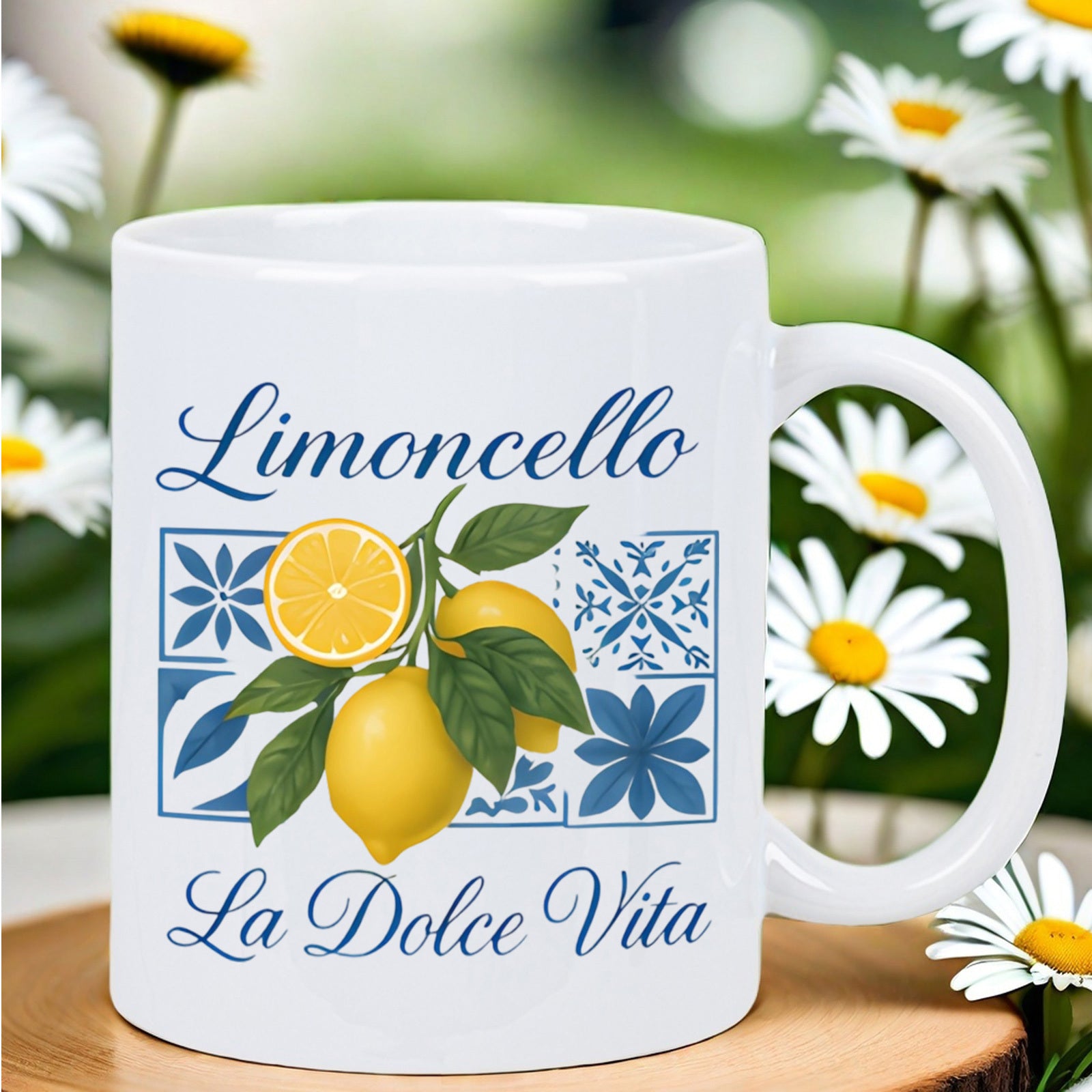 Tailorly White Ceramic 11 oz Mug - Limoncello La Dolce Vita Mediterranean Style Tiles With Fresh Yellow Citrus And Green Leaves Lemon
