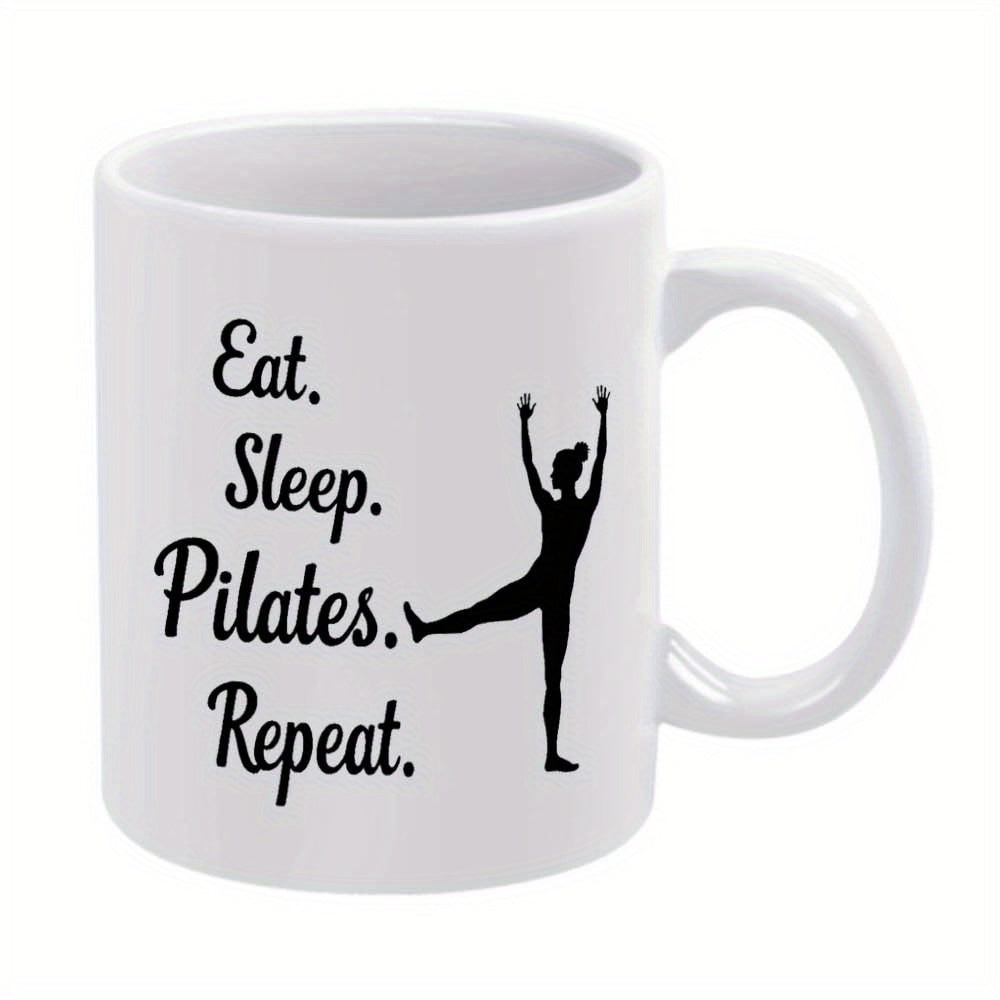 Tailorly White Ceramic 11 oz Mug - Eat Sleep Pilates Repeat Minimalist Black Human Figure Performing Flexible Fitness Exercise Balance Silhouette
