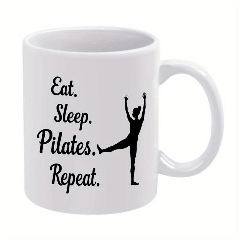Tailorly White Ceramic 11 oz Mug - Eat Sleep Pilates Repeat Minimalist Black Human Figure Performing Flexible Fitness Exercise Balance Silhouette