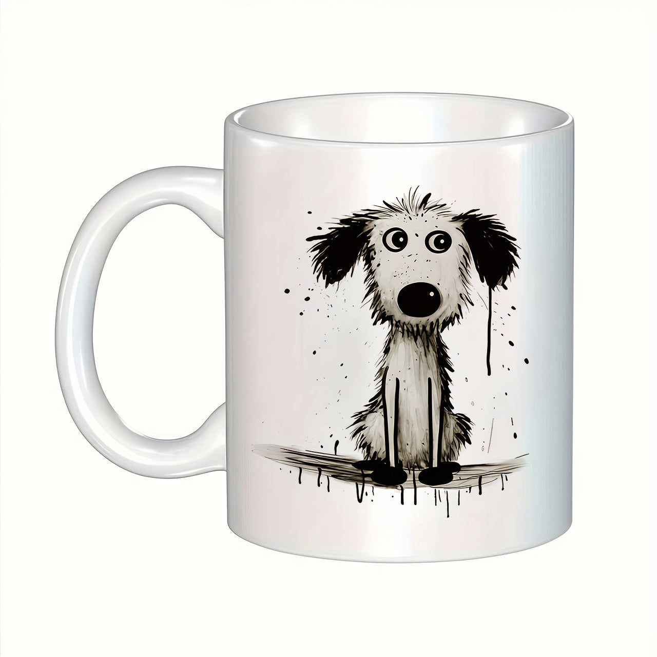 Tailorly White Ceramic 11 oz Mug - Whimsical Ink Splatter Sketch Of A Sitting Scruffy Small Black White Dog