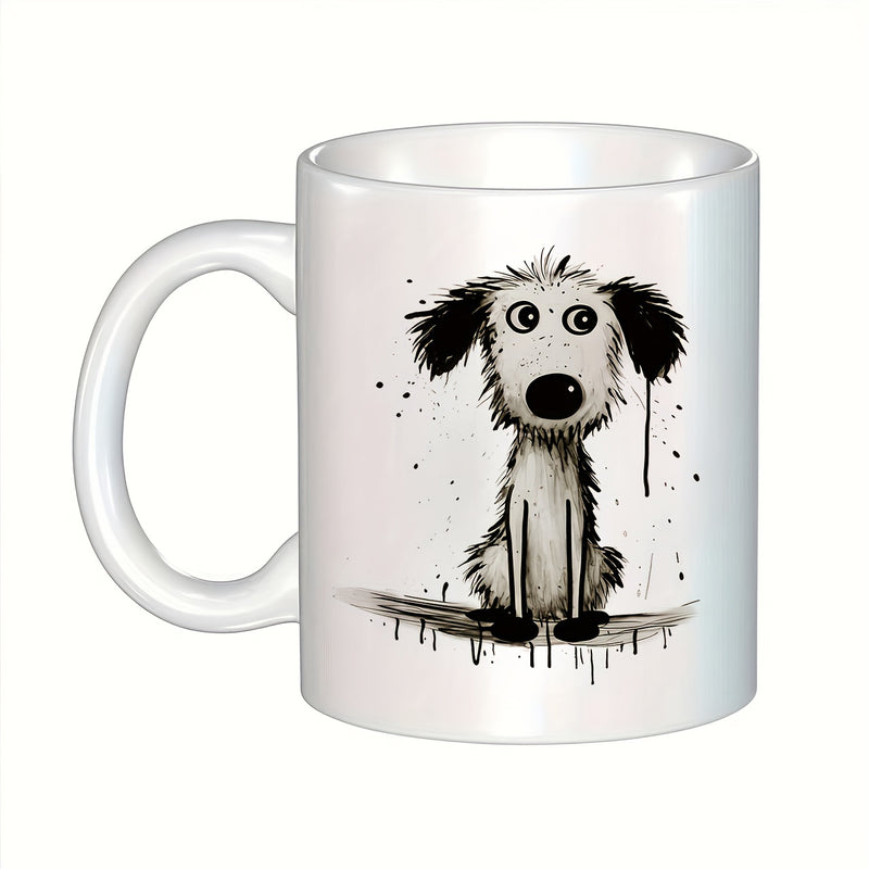 Tailorly White Ceramic 11 oz Mug - Whimsical Ink Splatter Sketch Of A Sitting Scruffy Small Black White Dog